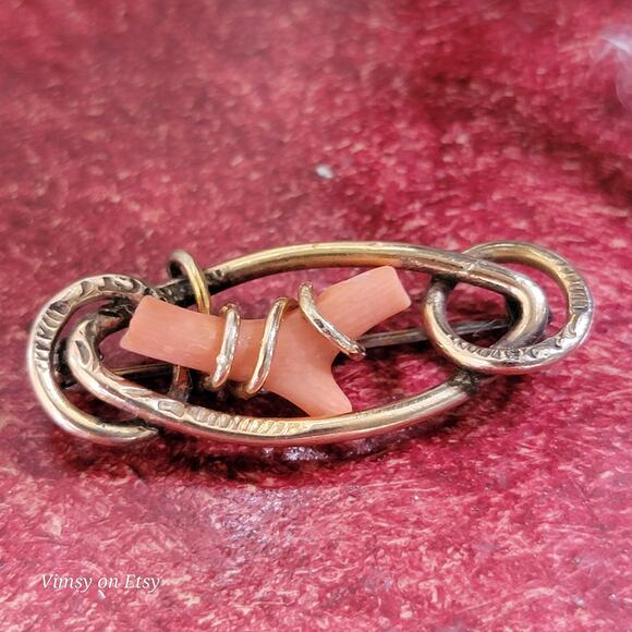 Victorian 14K Gold Love Knot Brooch with Pink Coral -Heirloom - Picture 3 of 10